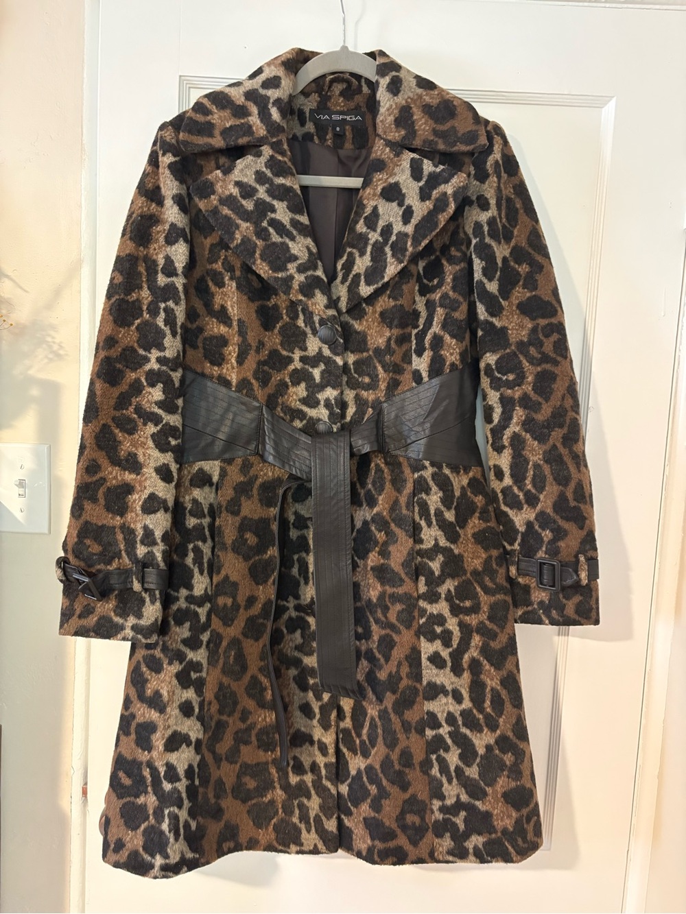 Via Spiga Leopard animal print wool blend warm trench coat fall winter